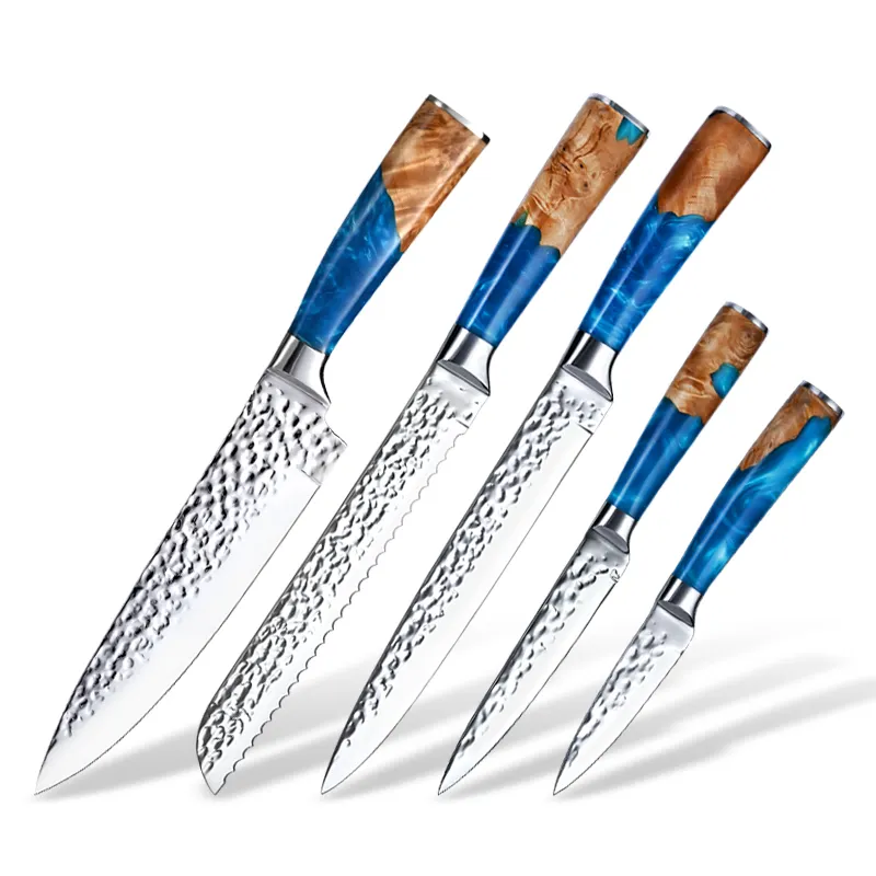 Nice pattern new design resin handle factory direct supplier stainless steel hammered kitchen knife set
