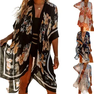 Cárdigan Kimono largo de gasa para mujer, Tops holgados con estampado Floral para playa, 9 colores