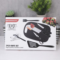 7 pièces manche en plastique ensemble de couteaux de cuisine couteau Santoku ensemble de couteaux de Chef avec éplucheur ciseaux planche de cuisine brosse pelle
