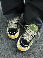 Chaussures de Skateboard Unisexe Vertes Personnalisées en Toile Effet Vieilli avec Perles Rétro – Tendance Américaine Décontractée pour Hommes