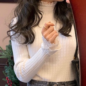 Pull en dentelle tricoté style français, taille unique, coupe ajustée, col montant, haut de gamme pour femme, automne-hiver - Product Image 2