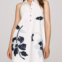 Robe midi d'été pour femme en jean, col licou sans manches, coupe trapèze, motif floral, écologique, respirante, délavée aux enzymes