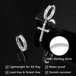 Pendientes de Aro de Plata 925 con Baño de Rodio Negro, con Colgante de Cruz, Cristal Redondo con Corte Brillante y Engaste de Bisel de Diamantes de Imitación, Unisex - Product Image 4