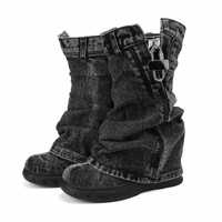 Bottes en jean vintage délavé à semelle épaisse 2026 ODM OEM, à enfiler, talon très haut, maille, style européen et américain unique pour femme