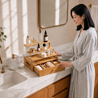 Organisateur de comptoir de salle de bain en bambou avec tiroir, étagère de rangement 3 niveaux en acrylique pour maquillage et soins de la peau, pour comptoir de vanité