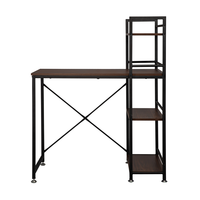 Table d'ordinateur en noyer foncé avec étagères de rangement et surface en bois