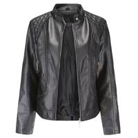Jaket Bomber Kulit Hitam Wanita Kerah Bulat Panel Bahu Berlapis Ritsleting Depan Saku Resleting Katun Cepat Kering Bernapas