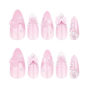 <span class=keywords><strong>Uñas</strong></span> postizas acrílicas personalizables al por mayor, estilo almendra, color <span class=keywords><strong>rosa</strong></span> nude y blanco francés, con lazo <span class=keywords><strong>de</strong></span> <span class=keywords><strong>rosa</strong></span> 3D, estilo dulce y femenino, medianas, <span class=keywords><strong>de</strong></span> presión. - Product Image 4