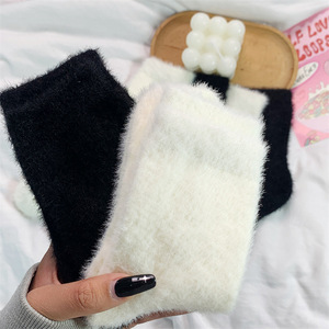 Fuzzy Women's Mid Calf <b>Socks</b> White And Black Cotton Solid Color Warm <b>Fluffy</b> <b>Socks</b> For Autumn Winter - Product Image 2