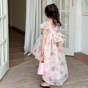 Venta al por mayor 2025 verano Floral Puff manga arco espalda niños niñas vestido de baile - Product Image 3