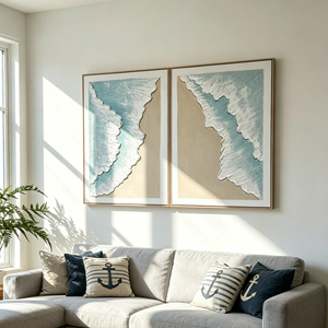 Set di 2 <span class=keywords><strong>Quadri</strong></span> Incorniciati con Onde Oceaniche 24x32, Dipinto su Tela Testurizzata Blu Acqua e Beige, Decorazione Costiera - Product Image 2