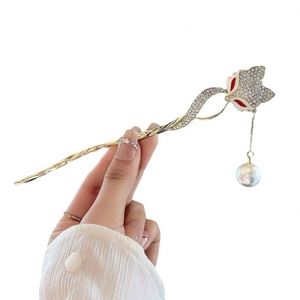 Bâtonnet à cheveux en cristal et strass style chinois ancien avec perle de renard pour femme, épingle à cheveux vintage en cristal, accessoire de coiffure - Product Image 5