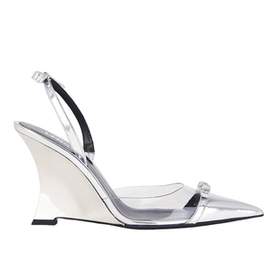 รองเท้าส้นสูงแบบสวมเปิดส้นประดับโบว์คู่สีเงินสำหรับผู้หญิง ดีไซน์หัวแหลม สายรัดข้อเท้า วัสดุ PVC แต่งลายต่อกัน สไตล์เซ็กซี่ เหมาะสำหรับใส่ในฤดูร้อน - Product Image 5