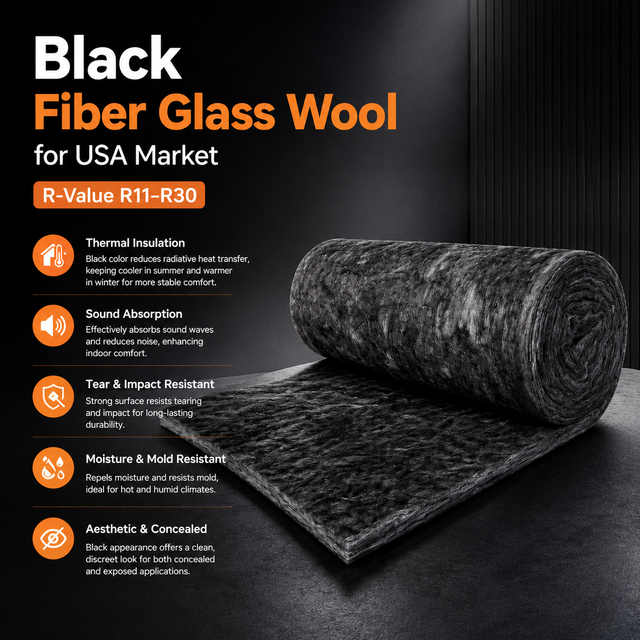 UET Israel Market Black Glass Wool Blanket Glass Wool Rolls 24kgs/m3 25mm Duct Wrap Use for HVAC System