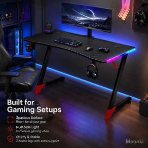 โต๊ะเล่นเกมโครงเหล็ก D2209 พร้อมไฟ RGB ด้านข้าง ที่วางแก้ว ที่แขวนหูฟัง สีดำ แดง ขาว - Product Image 3