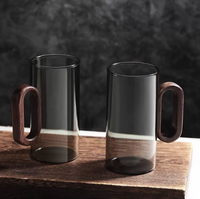 Nouvelle conception – Tasse en verre monocouche grande capacité (301-400 ml) avec poignée en bois – Style moderne et artistique unique – Portable et réutilisable