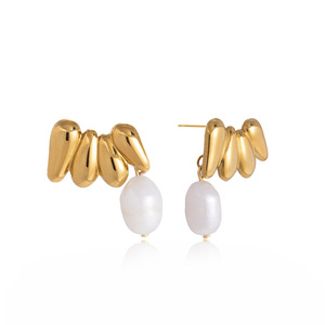 Geometric Freshwater Pearl Stud Earrings Stainless Steel Women's Everyday Wear Jewelry - Product Image 5