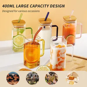 Botol kaca persegi Mug perjalanan 400ml yang dapat digunakan kembali dengan tutup bambu bening & sedotan warna-warni untuk Es kopi & smoothie