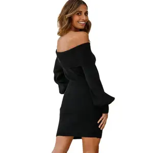 Sexy Package Hip Knit Skirt Off Shoulder Balloon Sleeve Dress New Style Ribbed Dress