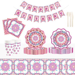 DAMAI Chinese Style Happy Birthday Theme Party Kits PinkWave Shape Disposable Party <b>Paper</b> Plates Cups Napkin Tableware Set - Product Image 1
