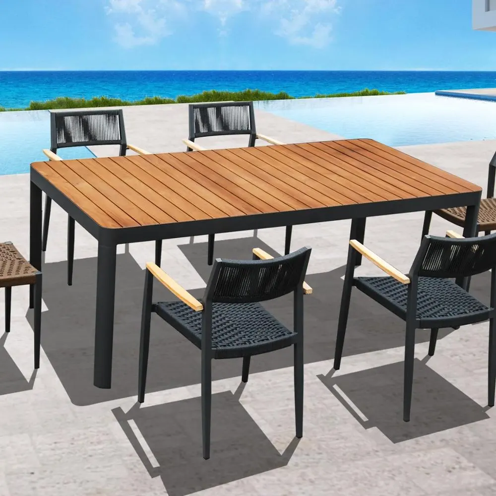 Commerciële Nieuwe Ontwerp Aluminium Outdoor Patio Teak Hout Slat Top Eettafel Voor Hotel & gepersonaliseerde Commissie