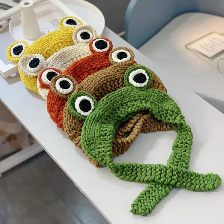 F-4767 new adult child funny knitted crochet frog pattern hat handmade cute crochet cap wholesale fashion bonnet