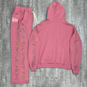 Survêtements de haute qualité ensembles unisexes survêtement en éponge français pantalon de survêtement ample personnalisé et ensemble de sweat à capuche zippé en strass - Product Image 2