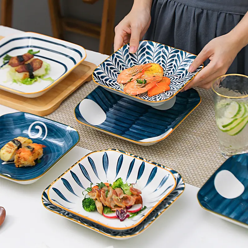 Platos de cerámica japoneses para el hogar, vajilla cuadrada para postres
