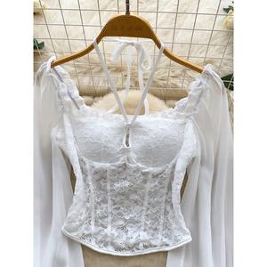 <span class=keywords><strong>Blusa</strong></span> Francesa de Moda Urbana con Cuello Cuadrado, Tirantes, Mangas Farol, Encaje y Parches, Camisa Corta Ajustada para Mujer - Product Image 4