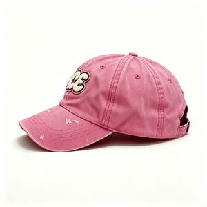 Gorra de papá rosa lavada personalizada de 6 paneles con parche de chenilla bordado con logo ACE, desgastada, sin estructura, corona suave, unisex, con letras, al por mayor - Product Image 2