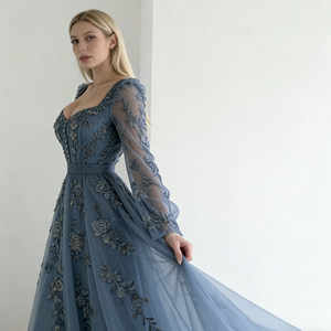 Robes pour femmes bleues à col cœur, manches longues transparentes, broderie florale, ceinture perlée, <span class=keywords><strong>robe</strong></span> de soirée maxi en tulle - Product Image 2