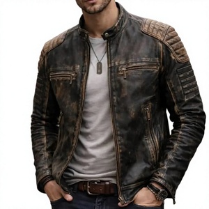 Blouson de moto en cuir véritable pour homme LONG MISSION INDUSTRY, col montant, fermeture éclair, couleur unie, finition délavée, coupe ajustée - Product Image 4
