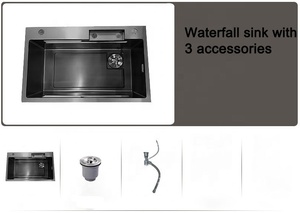 Évier de cuisine en acier inoxydable fait main <span class=keywords><strong>avec</strong></span> robinet <span class=keywords><strong>cascade</strong></span>, tuyau de vidange et revêtement nano brossé, pour évier simple - Product Image 2