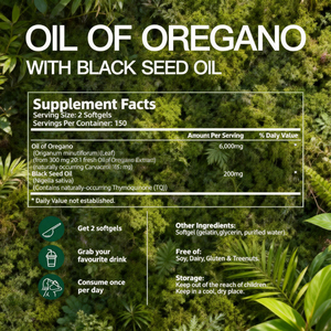 Pure Oil of Oregano 6000mg with Black Seed Oil Softgels 300 Capsules Antioxidant <b>Herbal</b> <b>Supplement</b> Oil of Oregano Capsules - Product Image 4