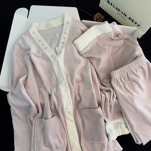 Hot Selling Autumn Winter Women's Sleepwear Jacquard Butterfly Velvet Pajamas Set with V-Neck Embroidery <b>Trim</b> and Loose Floor - Product Image 2