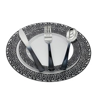 Couteau fourchette cuillère vaisselle couverts ensemble en plastique chargeur assiette noir creux dentelle fête assiettes ensemble