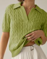 Kemeja Pullover lembut wanita, atasan sweater kabel lengan pendek kerah V padat