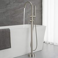 Robinet de baignoire autoportant à 2 poignées en laiton avec finition nickel brossé et douchette à main fixée au sol