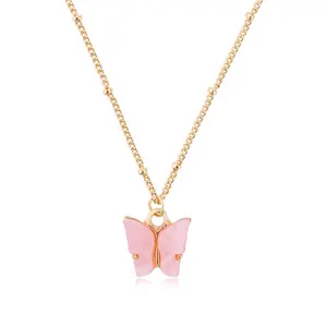 MOQ 12pcs Cute acetic acid material colorful butterfly pendant 18k gold short chain necklaces for women and kids