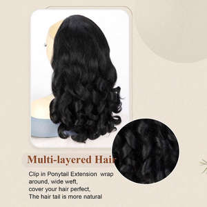 Extensions de <span class=keywords><strong>cheveux</strong></span> synthétiques noirs 1B de 16 pouces, fibre haute température, queue de cheval légèrement bouclée et rebondissante pour femmes, <span class=keywords><strong>avec</strong></span> cordon <span class=keywords><strong>élastique</strong></span> - Product Image 6