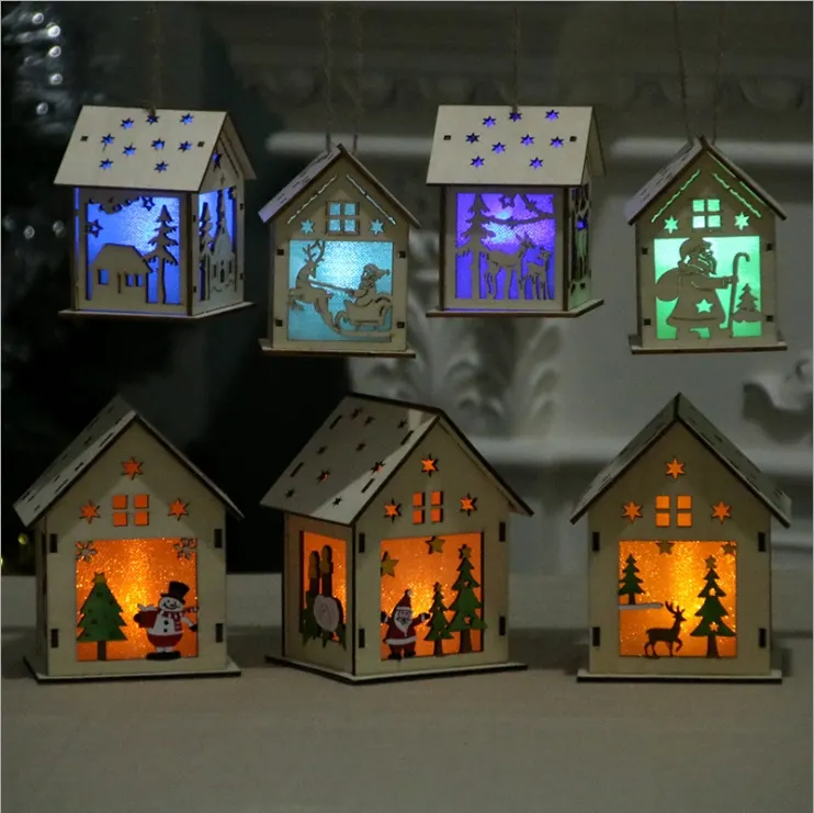 Подвесные Украшения для рождественской елки, Светодиодный светящийся деревянный дом