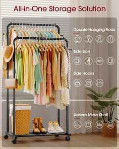 Portaspezie Multifunzionale Ecologico in Metallo Nero con Doppia Asta, Ripiano a Rete, Ganci e Ruote per Appendere Oggetti Domestici - Product Image 5