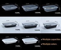 Conteneur rectangulaire pour plats à emporter en gros, 750 ml, 1000 ml, 1250 ml, boîte à lunch jetable en plastique PP de qualité alimentaire avec couvercle