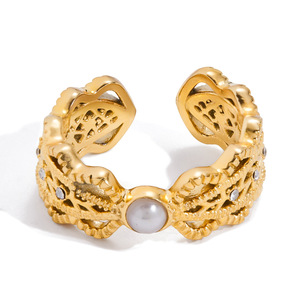 Pearl Ring 18K Gold Stainless Steel Openwork Zircon Geometric Design Unisex Everyday Wear - Product Image 5