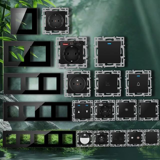 EU Standard CE Black Tempered Glass Panel Modular Switches and Socket 60+ Functional Modules Customizable Wall Electrical Outlet