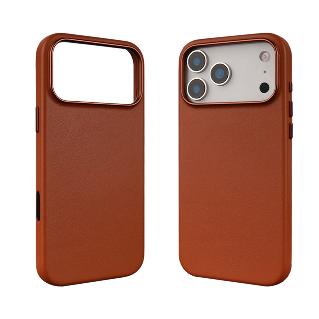 Twinscase  Top Grain Brown Genuine Leather Slim Fit Luxury Phone Case Magnetic Ring Compatible Phone Cover for iPhone 17 Pro Max