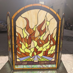 Paravent de cheminée en vitrail, 3 panneaux, motif flamme, verre décoratif traditionnel, pour salon, autoportant, forme cathédrale - Product Image 2