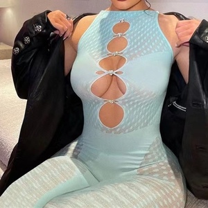 จั๊มสูทแฟชั่นผู้หญิงแบบใหม่ เซ็กซี่ ซีทรู ผ้าถัก เอวสูง แขนกุด แต่งลูกไม้ฉลุลาย - Product Image 4