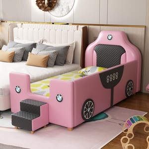 <span class=keywords><strong>Lit</strong></span> de bébé en cuir à thème automobile moderne JS, <span class=keywords><strong>lit</strong></span> souple avec cadre en bois massif pour enfants, avec barrière haute et échelle - Product Image 3