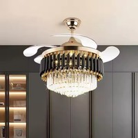 Moderne Résidentiel Maison Intelligente Décoratif Télécommande Or Cristal Grand Ventilateur de Plafond avec Lumière Luxe Lustre Ventilateur de Plafond LED